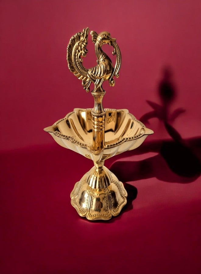 RAISOM Brass Peacock Design Diya | Height : 4 Inch | Panchmukhi Oil Lamp | Kutthu Vilakku Deep | Intricately Carved Peacock Design | Home and Office Temple | Festive Gifting | Weight : 150 Grams - Image 3